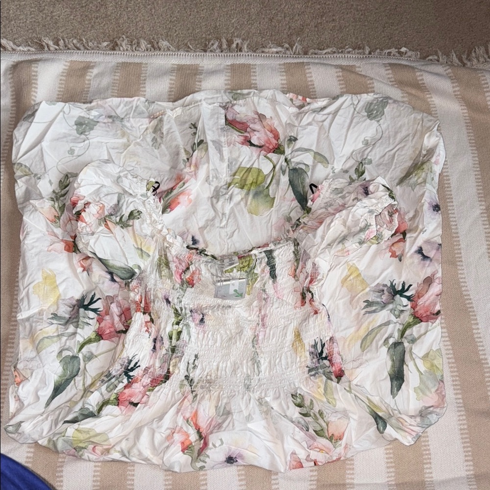 H&M Pink and Orange Floral Ruched White Smocked Midi Dress